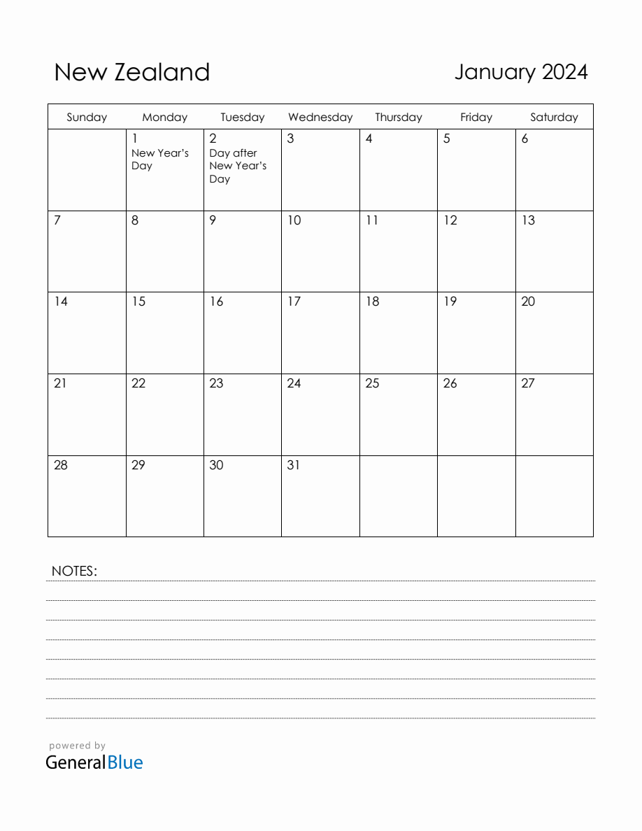 January 2024 New Zealand Calendar with Holidays