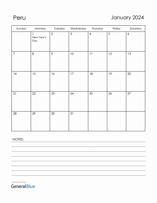 January 2024 Peru Calendar with Holidays (Sunday Start)