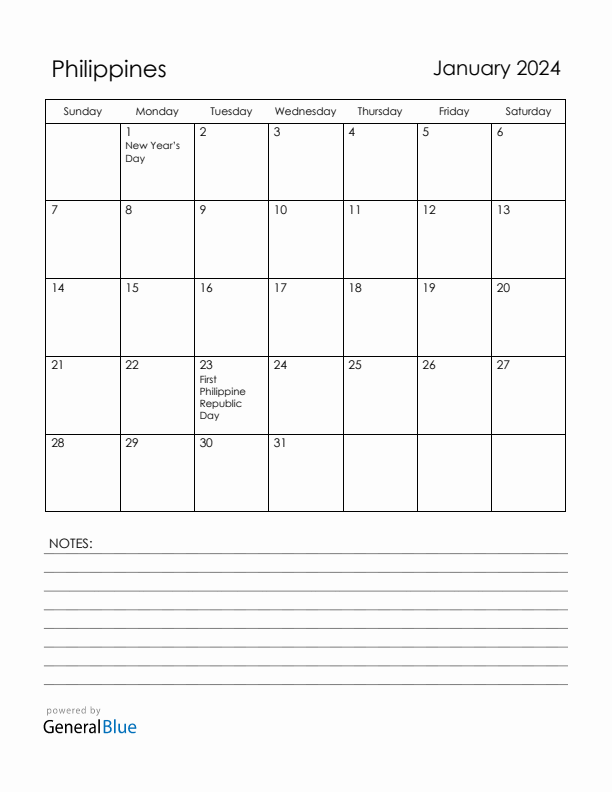 January 2024 Monthly Calendar with Philippines Holidays