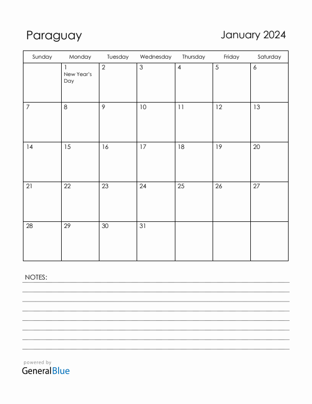 January 2024 Paraguay Calendar with Holidays (Sunday Start)