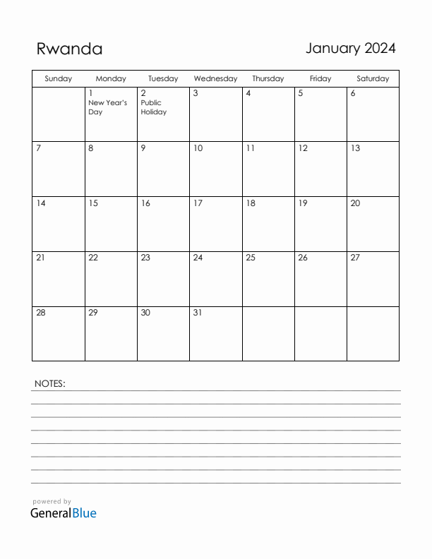 January 2024 Rwanda Calendar with Holidays (Sunday Start)