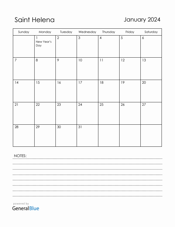 January 2024 Saint Helena Calendar with Holidays (Sunday Start)