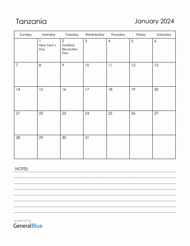 January 2024 Tanzania Calendar with Holidays (Sunday Start)