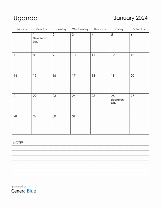 January 2024 Uganda Calendar with Holidays (Sunday Start)