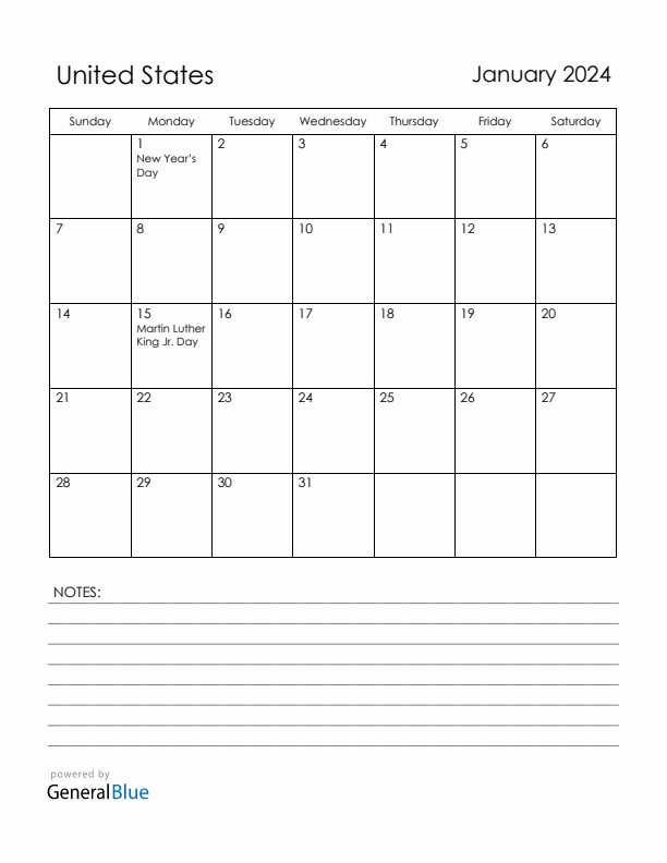 January 2024 Monthly Calendar with United States Holidays