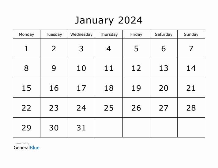 Printable January 2024 Calendar - Monday Start