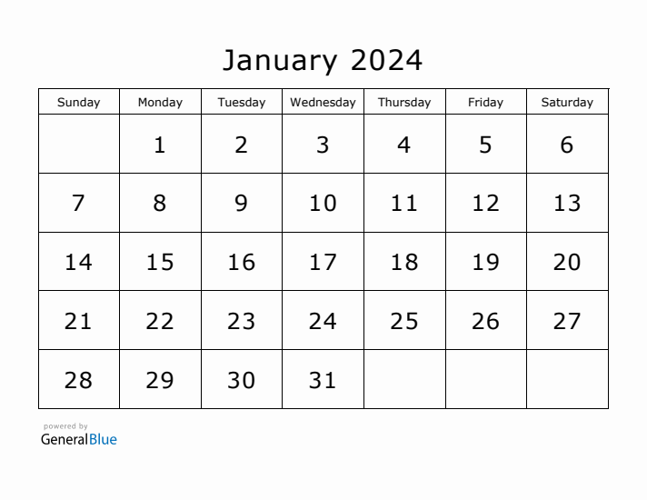 Printable January 2024 Calendar - Sunday Start