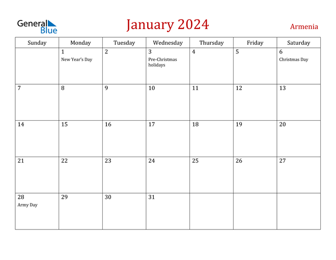 Armenia January 2024 Calendar