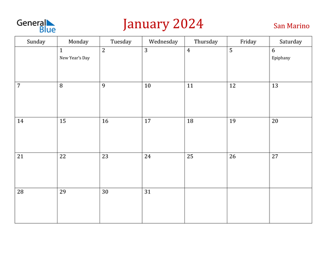 January 2024 Calendar with San Marino Holidays