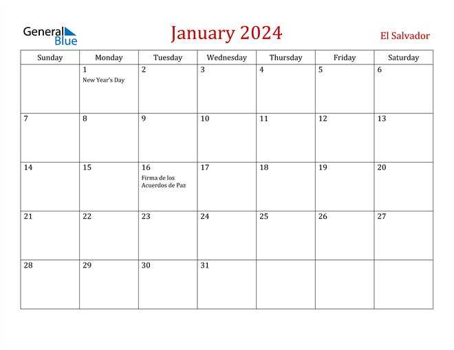 El Salvador January 2024 Calendar with Holidays