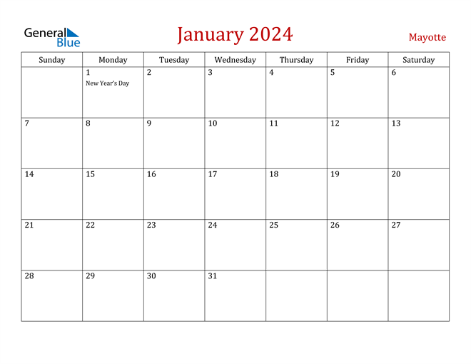 Mayotte January 2024 Calendar with Holidays