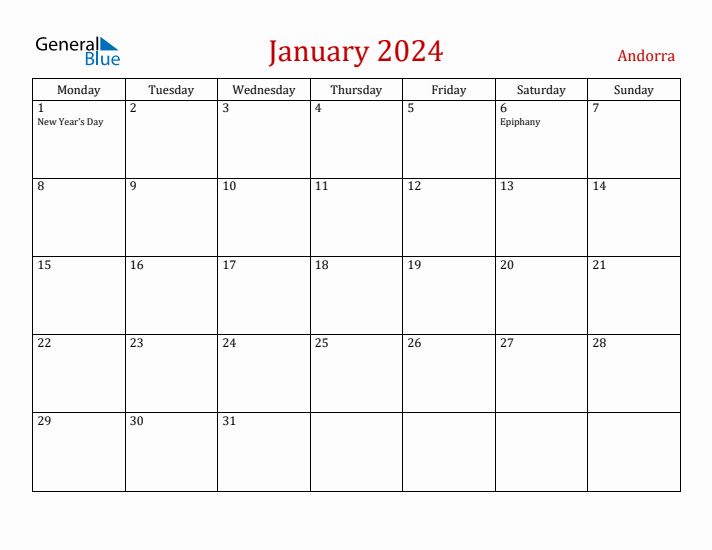 Andorra January 2024 Calendar - Monday Start