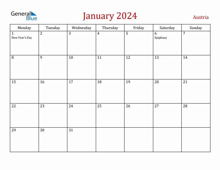 Austria January 2024 Calendar - Monday Start