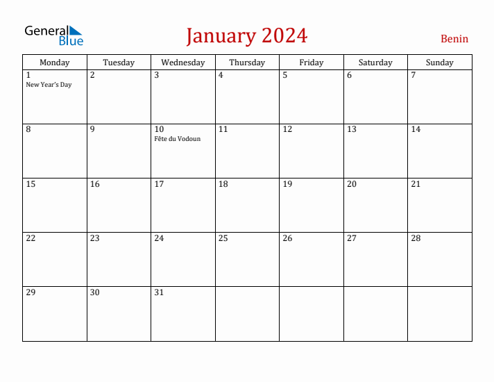 Benin January 2024 Calendar - Monday Start