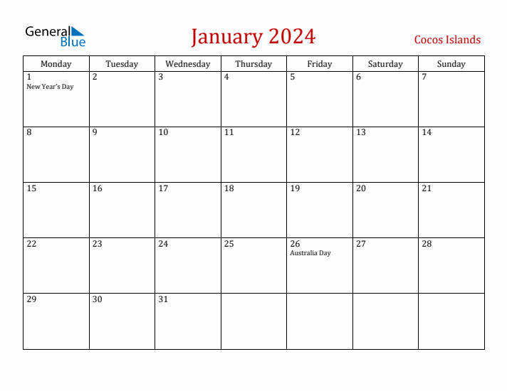 Cocos Islands January 2024 Calendar - Monday Start