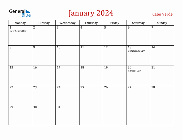 Cabo Verde January 2024 Calendar - Monday Start