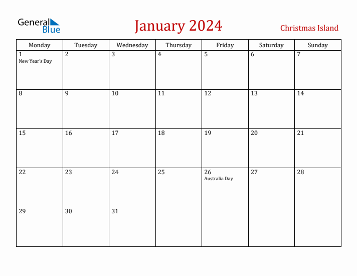 Christmas Island January 2024 Calendar - Monday Start