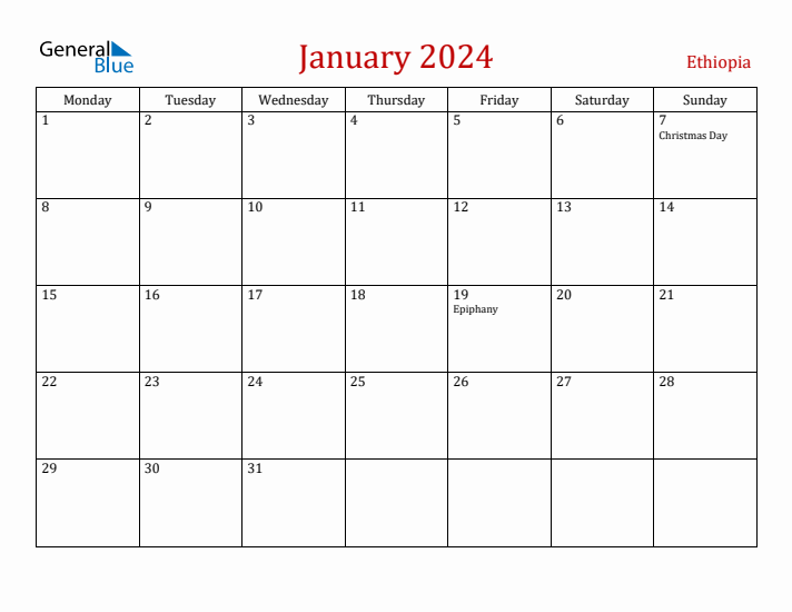 Ethiopia January 2024 Calendar - Monday Start
