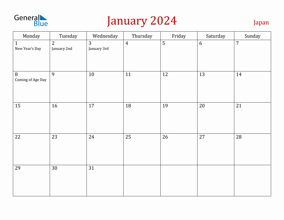 January 2024 Japan Monthly Calendar with Holidays