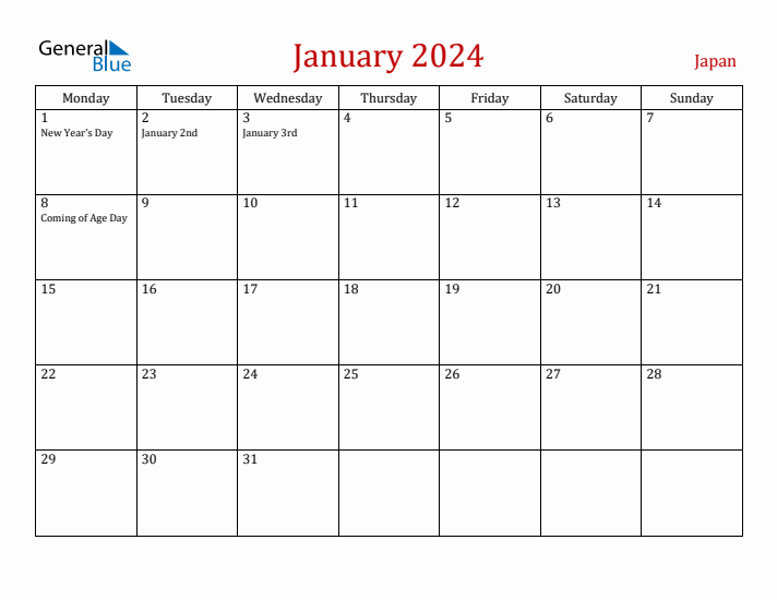 Japan January 2024 Calendar - Monday Start
