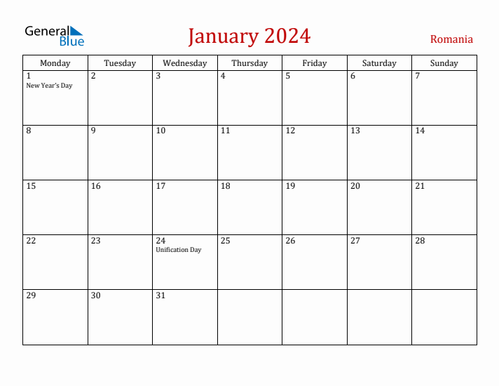 Romania January 2024 Calendar - Monday Start