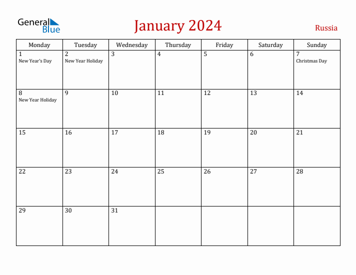 Russia January 2024 Calendar - Monday Start