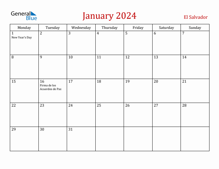 El Salvador January 2024 Calendar - Monday Start