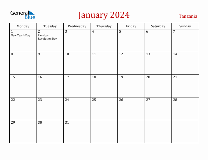 Tanzania January 2024 Calendar - Monday Start