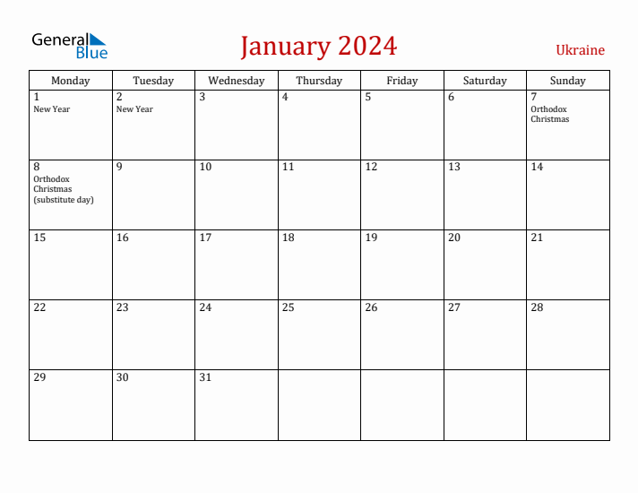 Ukraine January 2024 Calendar - Monday Start