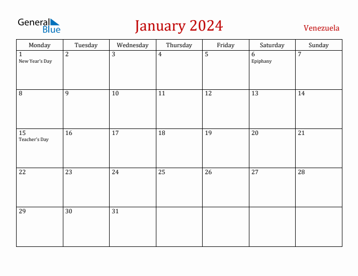 Venezuela January 2024 Calendar - Monday Start