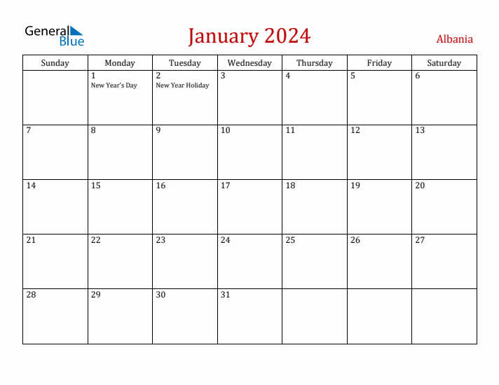 Albania January 2024 Calendar - Sunday Start