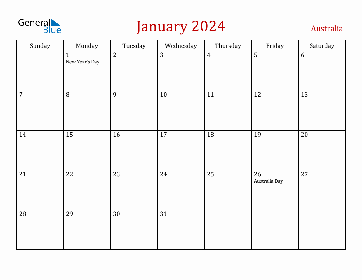 January 2024 Australia Monthly Calendar with Holidays