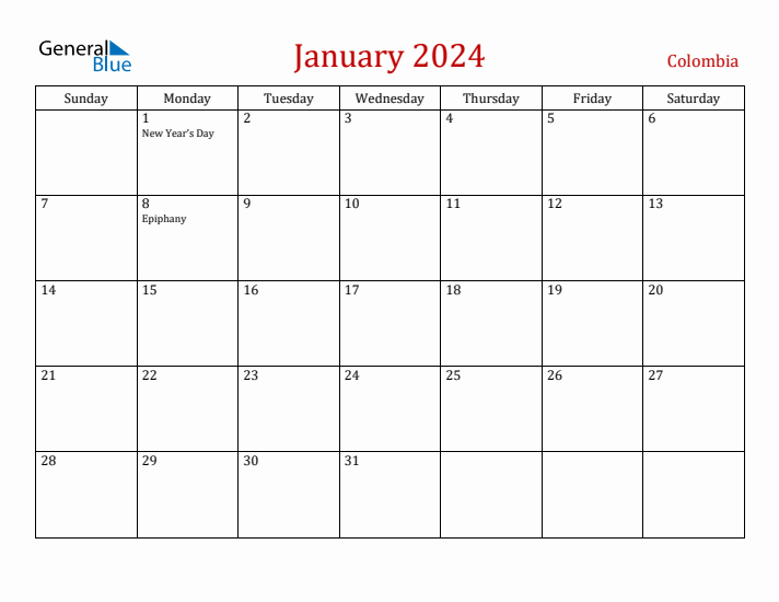 Colombia January 2024 Calendar - Sunday Start
