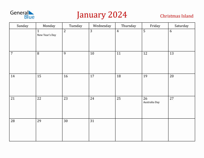 Christmas Island January 2024 Calendar - Sunday Start