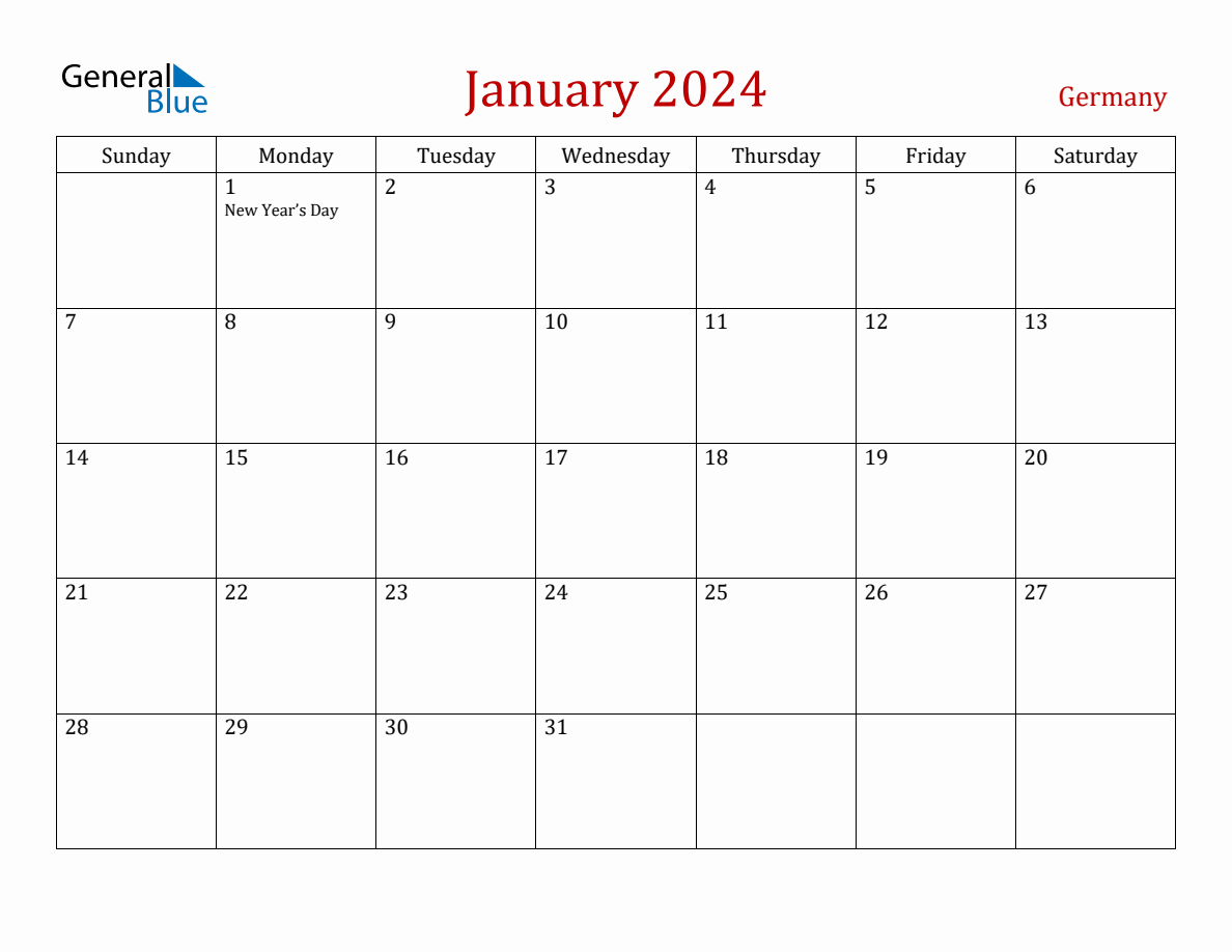 January 2024 Germany Monthly Calendar with Holidays