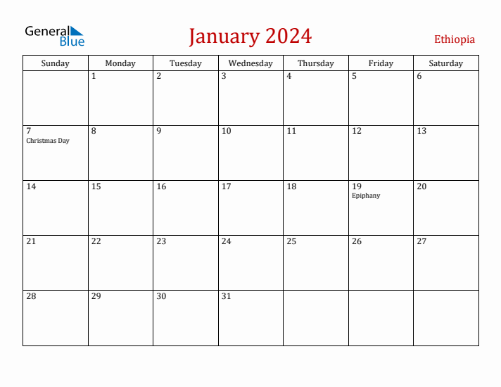 Ethiopia January 2024 Calendar - Sunday Start