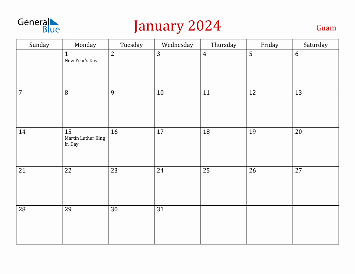 January 2024 Guam Monthly Calendar with Holidays