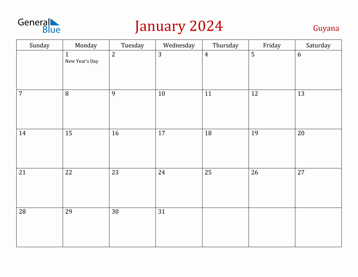 January 2024 Guyana Monthly Calendar with Holidays