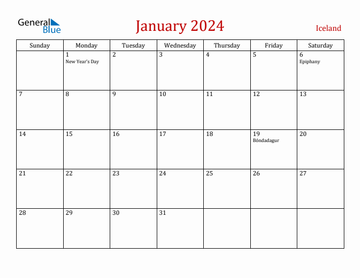 Iceland January 2024 Calendar - Sunday Start