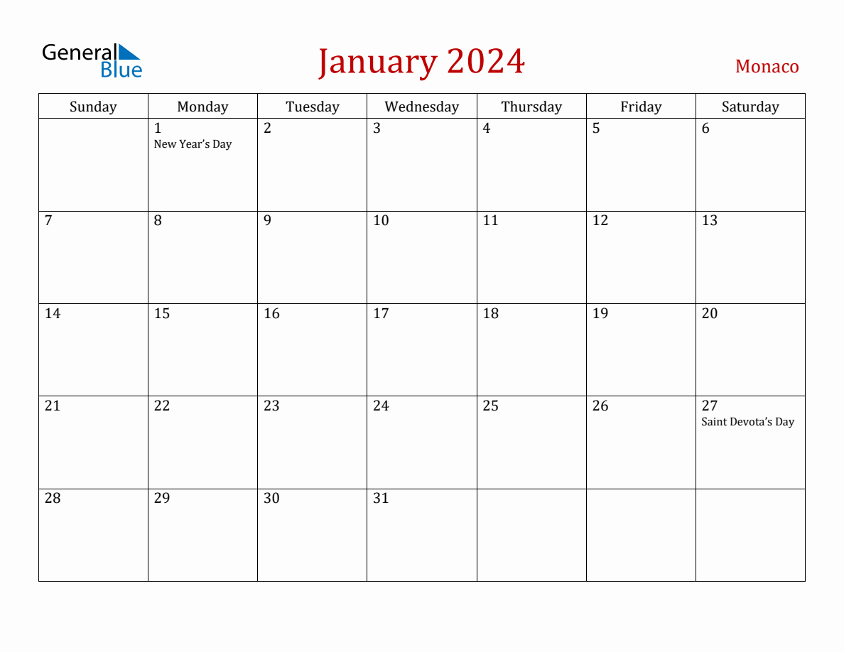 January 2024 Monaco Monthly Calendar with Holidays