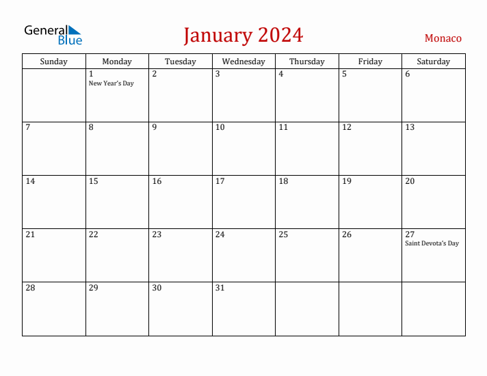 Monaco January 2024 Calendar - Sunday Start