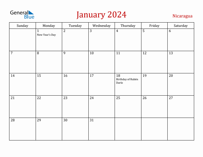 Nicaragua January 2024 Calendar - Sunday Start