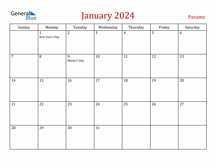 Panama January 2024 Calendar - Sunday Start