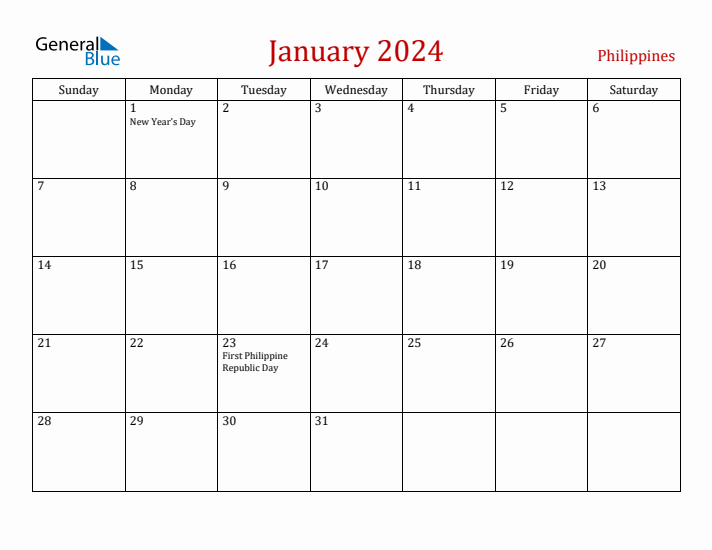 Philippines January 2024 Calendar - Sunday Start