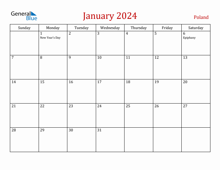 Poland January 2024 Calendar - Sunday Start