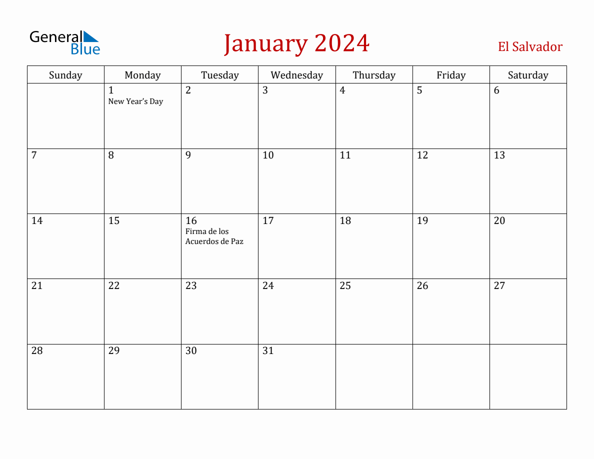 January 2024 El Salvador Monthly Calendar with Holidays