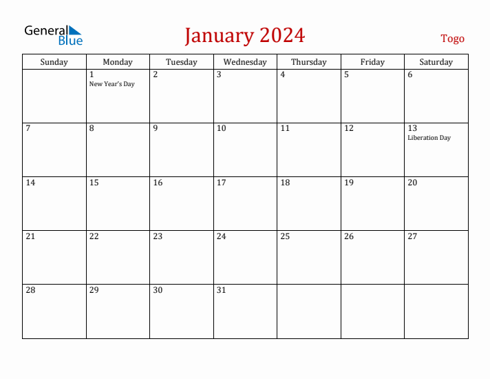 Togo January 2024 Calendar - Sunday Start