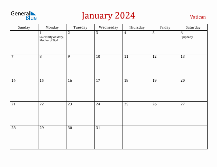Vatican January 2024 Calendar - Sunday Start