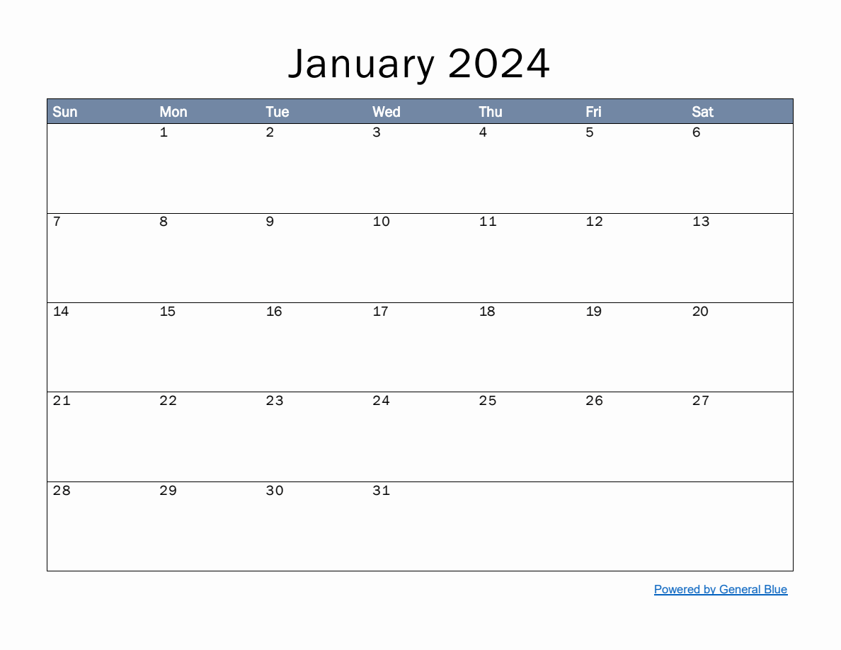 Monthly Calendar Template for January 2024