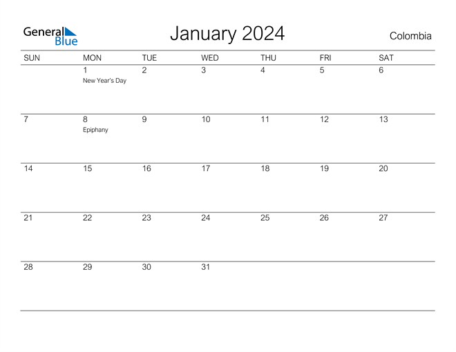 Printable January 2024 Calendar for Colombia
